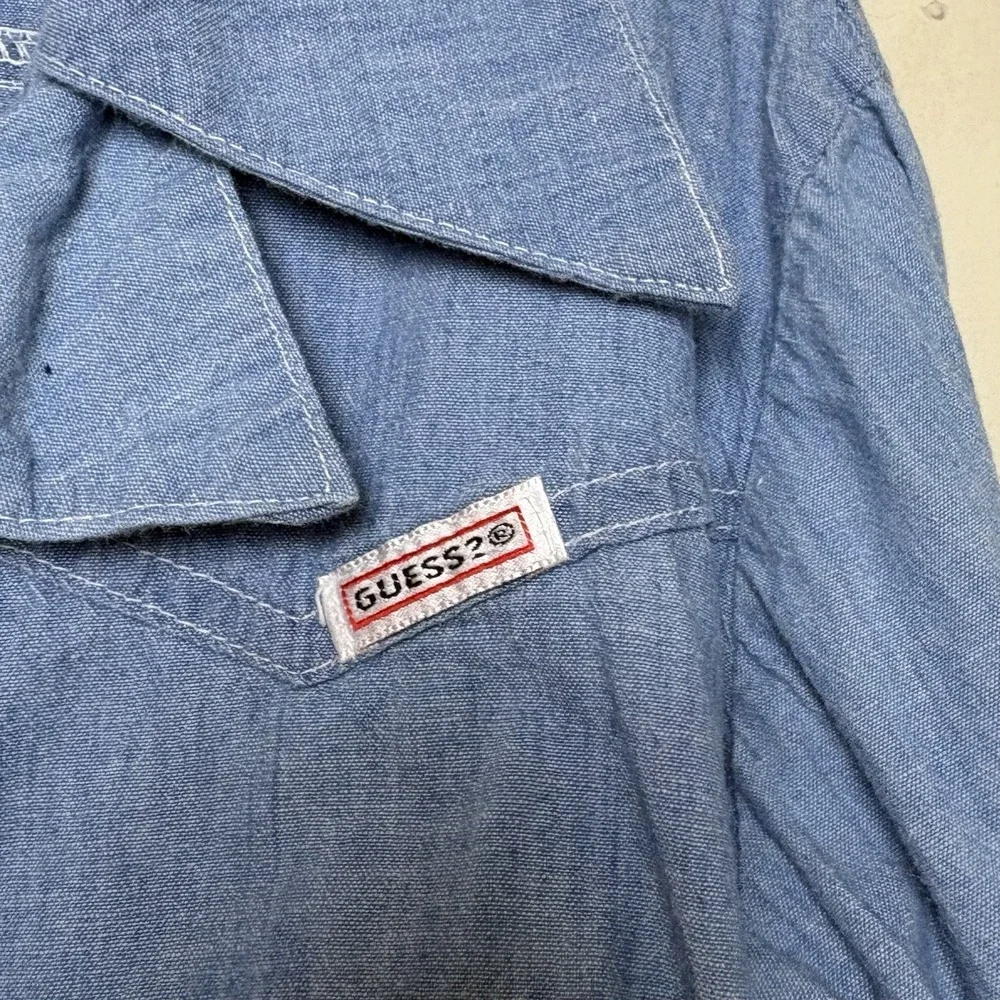 Vintage Guess Girls Button Up Cropped Tie Shirt Medium 90s Denim Chambray